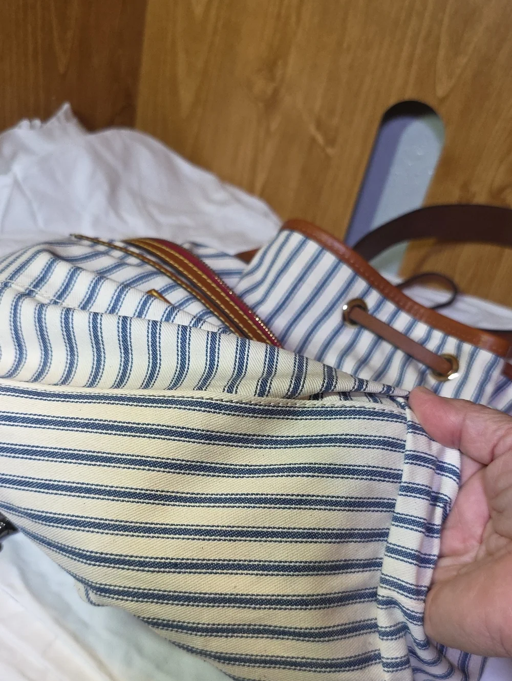 Dooney & Bourke Red Drawstring Bucket Bag with Brown Trim